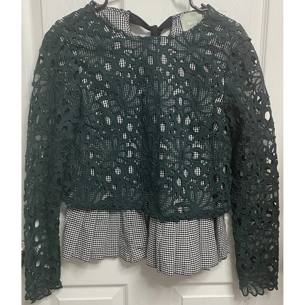 Anthropologie Maeve Gabriella Top Dark Green Lace Peplum Gingham Boho Shirt S